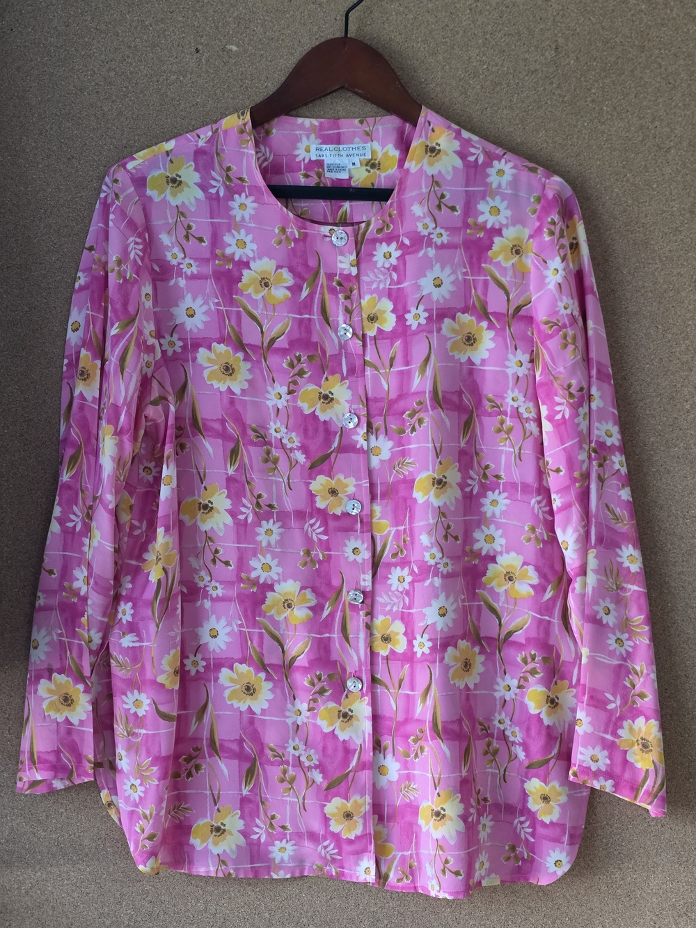 Saks Fifth Avenue Real Clothes Vintage Pink Floral 100% Silk Blouse M